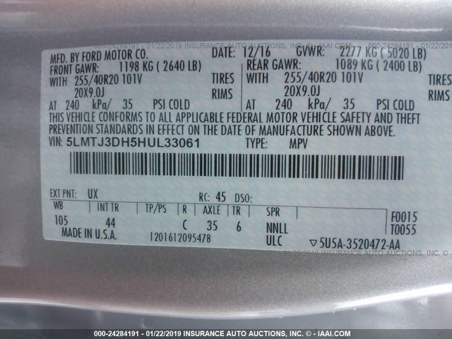 5LMTJ3DH5HUL33061 - 2017 LINCOLN MKC RESERVE SILVER photo 9