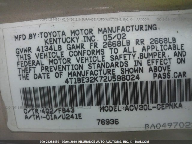 4T1BE32K72U598024 - 2002 TOYOTA CAMRY LE/XLE/SE TAN photo 9