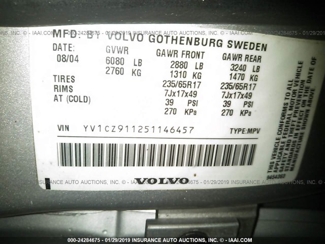 YV1CZ911251146457 - 2005 VOLVO XC90 T6 SILVER photo 9