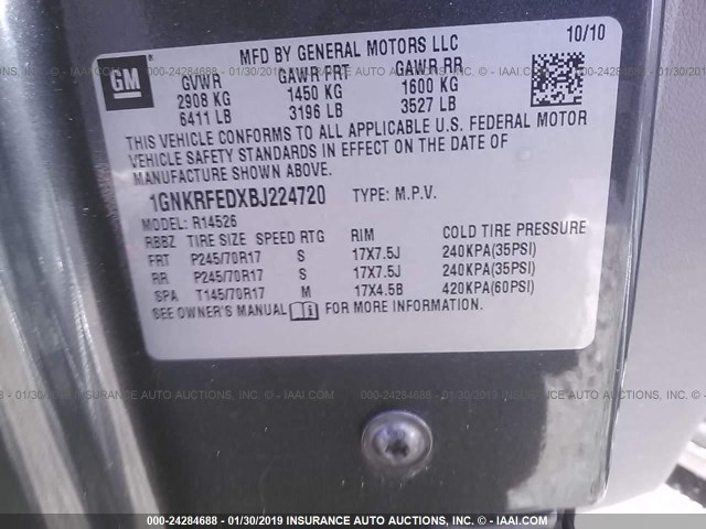 1GNKRFEDXBJ224720 - 2011 CHEVROLET TRAVERSE LS GRAY photo 9