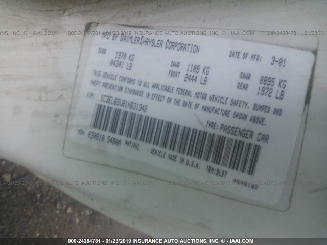 1C3EL65U81N631342 - 2001 CHRYSLER SEBRING LIMITED WHITE photo 9