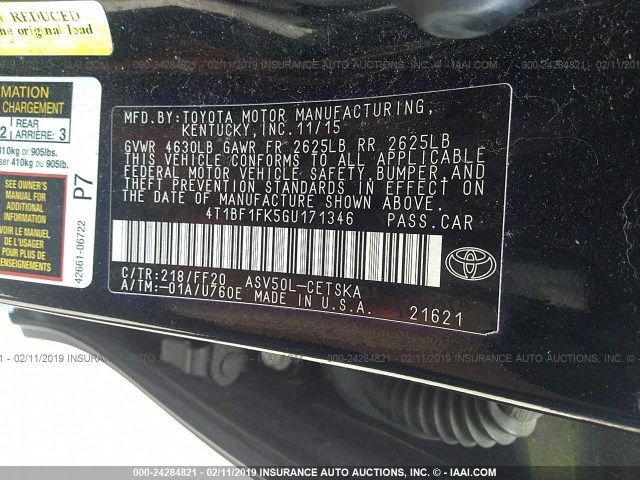 4T1BF1FK5GU171346 - 2016 TOYOTA CAMRY LE/XLE/SE/XSE შავი ფოტო 9