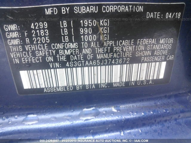 4S3GTAA65J3743672 - 2018 SUBARU IMPREZA BLUE photo 9