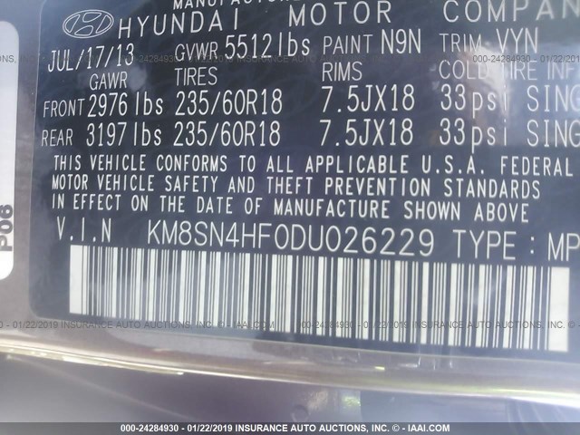 KM8SN4HF0DU026229 - 2013 HYUNDAI SANTA FE GLS BROWN photo 9