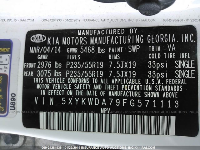 5XYKWDA79FG571113 - 2015 KIA SORENTO SX/SX LIMITED WHITE photo 9