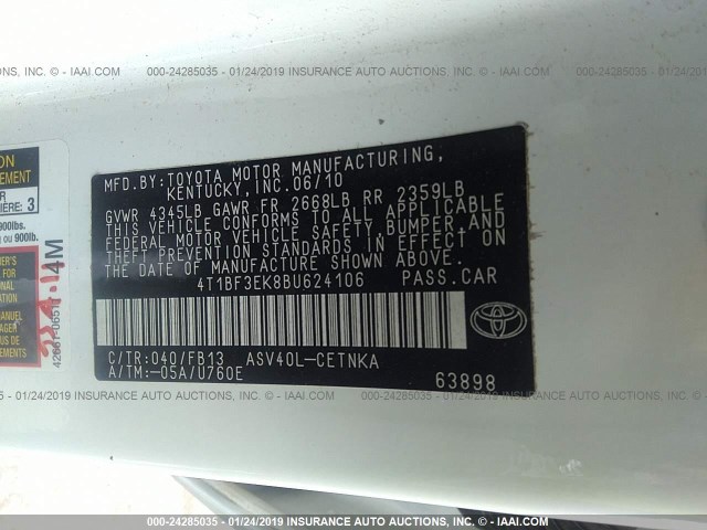 4T1BF3EK8BU624106 - 2011 TOYOTA CAMRY SE/LE/XLE 白色 照片 9