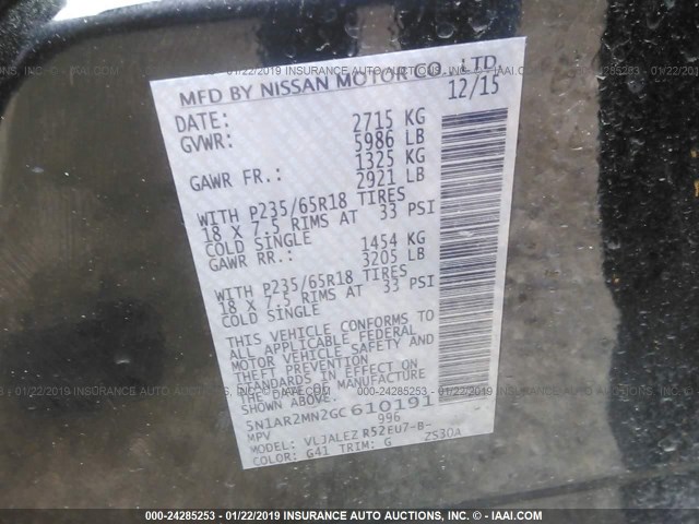 5N1AR2MN2GC610191 - 2016 NISSAN PATHFINDER S/SV/SL/PLATINUM BLACK photo 9