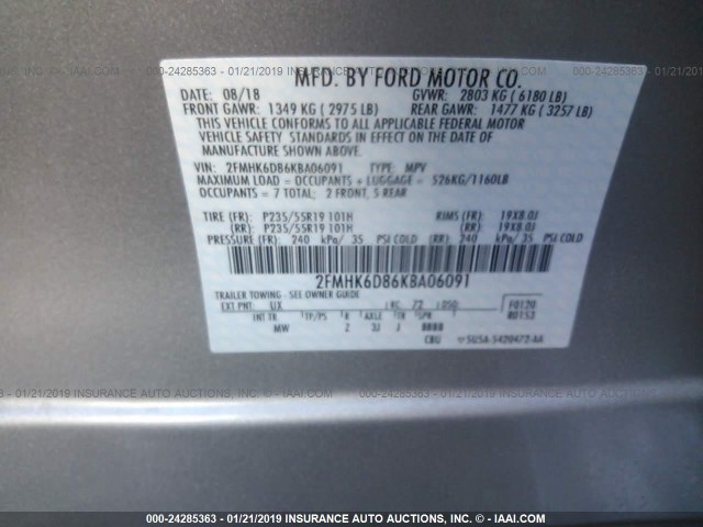 2FMHK6D86KBA06091 - 2019 FORD FLEX LIMITED GRAY photo 9