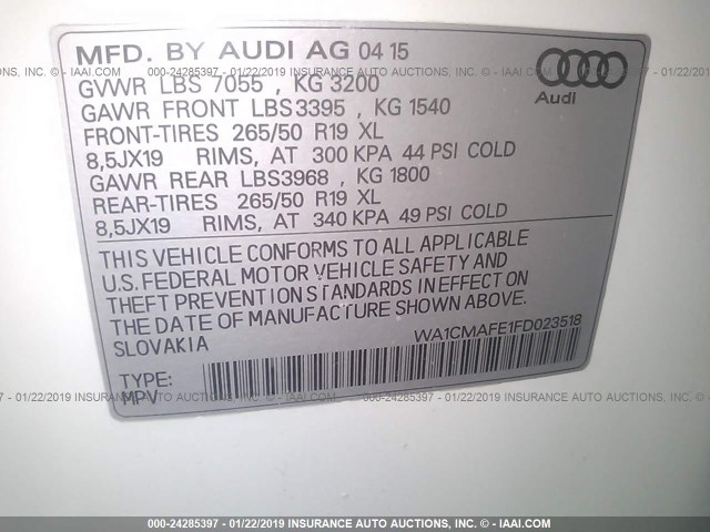 WA1CMAFE1FD023518 - 2015 AUDI Q7 TDI/PREMIUM WHITE photo 9