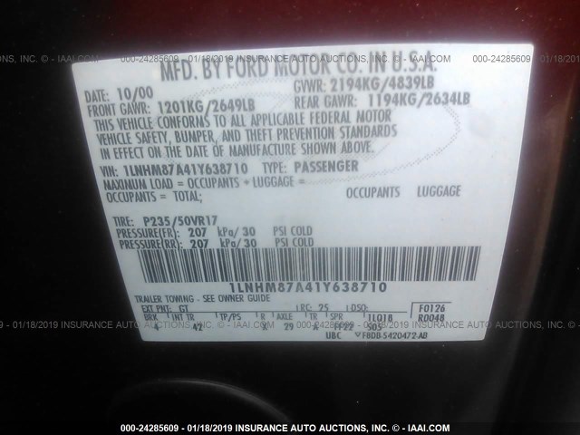 1LNHM87A41Y638710 - 2001 LINCOLN LS BURGUNDY photo 9