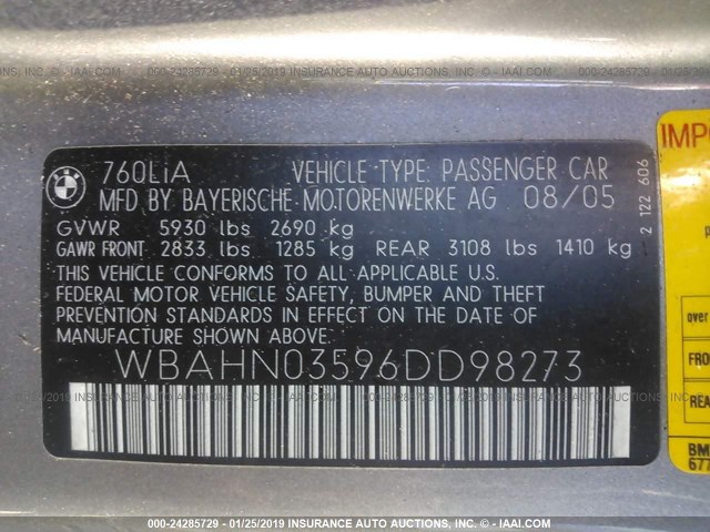 WBAHN03596DD98273 - 2006 BMW 760 LI SILVER photo 9