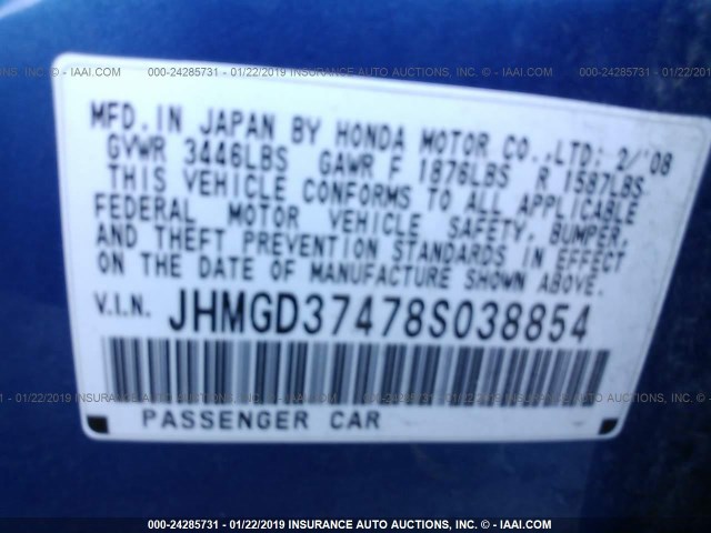 JHMGD37478S038854 - 2008 HONDA FIT BLUE photo 9