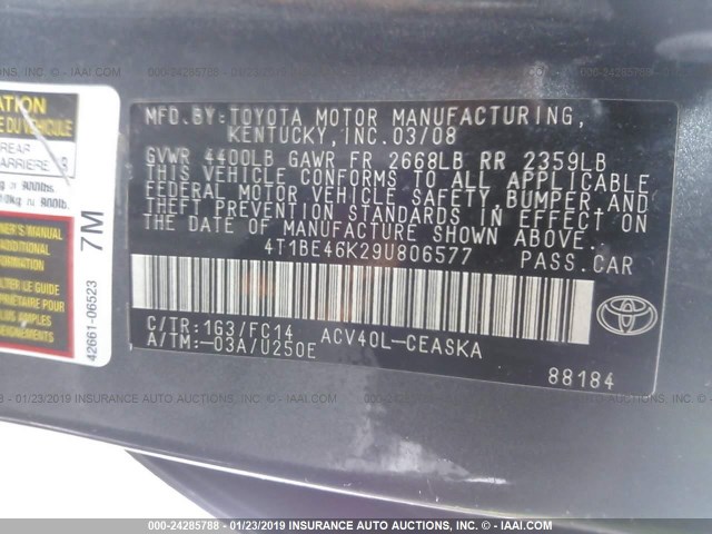 4T1BE46K29U806577 - 2009 TOYOTA CAMRY SE/LE/XLE GRAY photo 9