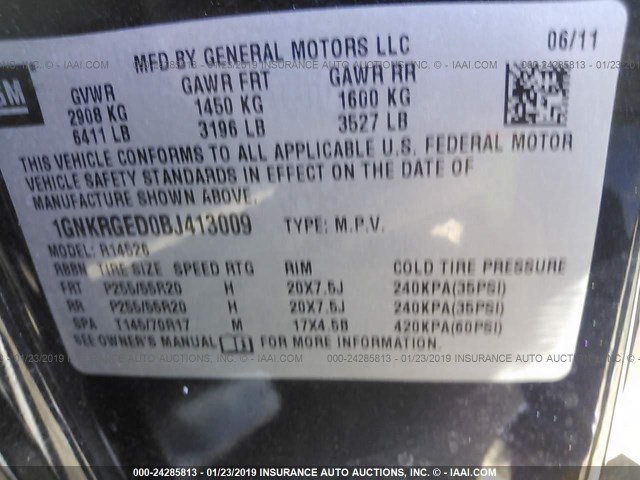 1GNKRGED0BJ413009 - 2011 CHEVROLET TRAVERSE LT GRAY photo 9