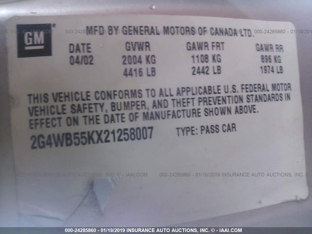 2G4WB55KX21258007 - 2002 BUICK REGAL LS SILVER photo 9