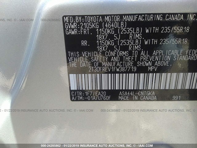 2T3DFREV1FW387719 - 2015 TOYOTA RAV4 LIMITED SILVER photo 9