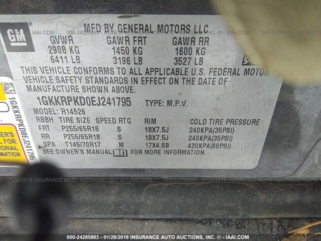 1GKKRPKD0EJ241795 - 2014 GMC ACADIA SLE GRAY photo 9