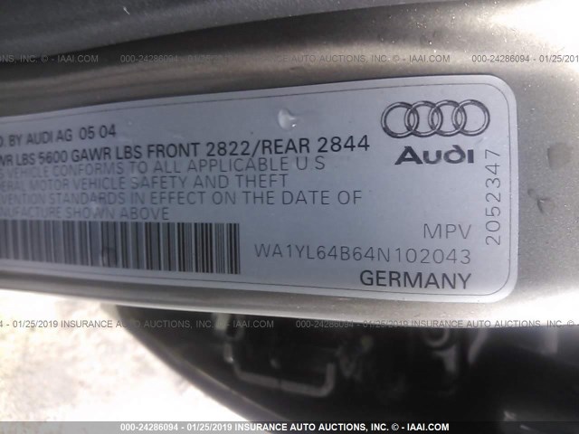 WA1YL64B64N102043 - 2004 AUDI ALLROAD 4.2 BROWN photo 9