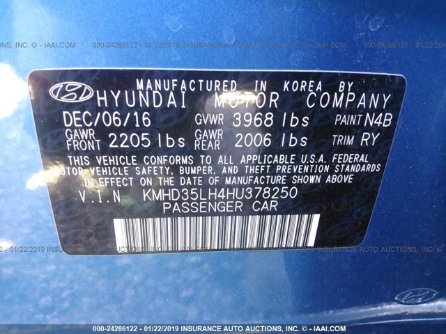 KMHD35LH4HU378250 - 2017 HYUNDAI ELANTRA GT BLUE photo 9