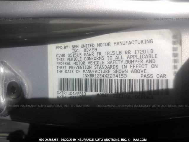 1NXBR12E4XZ234153 - 1999 TOYOTA COROLLA VE/CE/LE 银色 照片 9