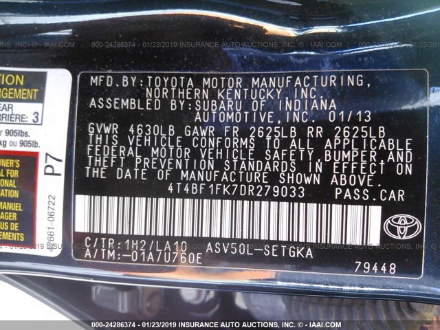 4T4BF1FK7DR279033 - 2013 TOYOTA CAMRY L/SE/LE/XLE BLUE photo 9