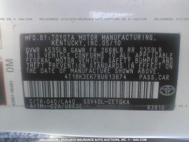 4T1BK3EK7BU613674 - 2011 TOYOTA CAMRY SE/LE/XLE WHITE photo 9