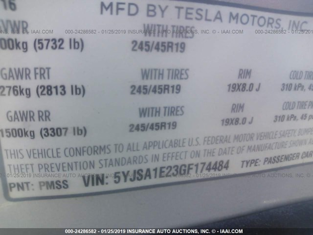 5YJSA1E23GF174484 - 2016 TESLA MODEL S SILVER photo 9