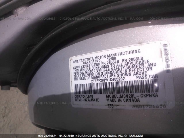 2T1FF28P91C465292 - 2001 TOYOTA CAMRY SOLARA SE/SLE ვერცხლისფერი ფოტო 9