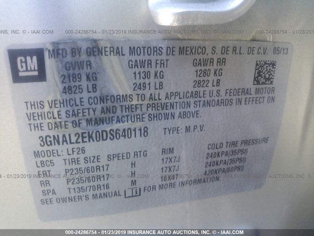 3GNAL2EK0DS640118 - 2013 CHEVROLET CAPTIVA LS 棕色 照片 9