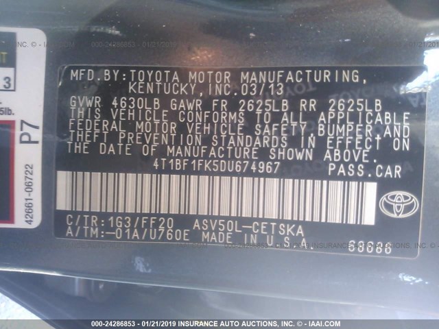 4T1BF1FK5DU674967 - 2013 TOYOTA CAMRY L/SE/LE/XLE Boz foto 9