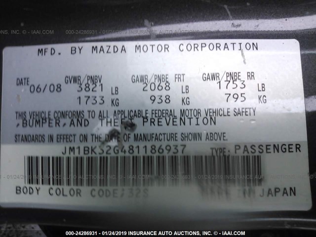 JM1BK32G481186937 - 2008 MAZDA 3 I GRAY photo 9