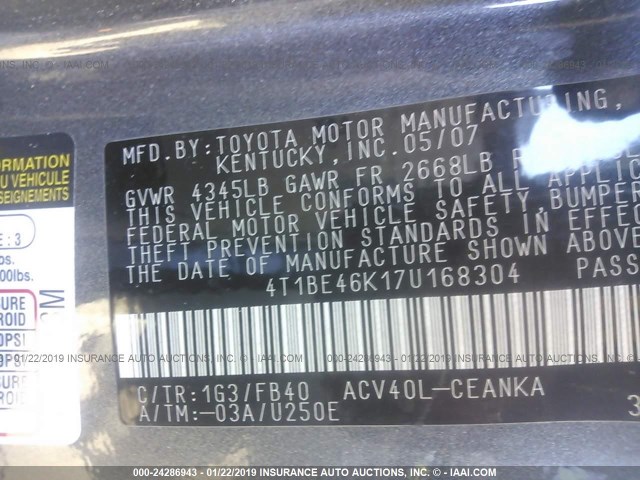 4T1BE46K17U168304 - 2007 TOYOTA CAMRY NEW GENERAT CE/LE/XLE/SE GRAY photo 9