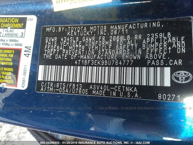 4T1BF3EK9BU764777 - 2011 TOYOTA CAMRY SE/LE/XLE BLUE photo 9