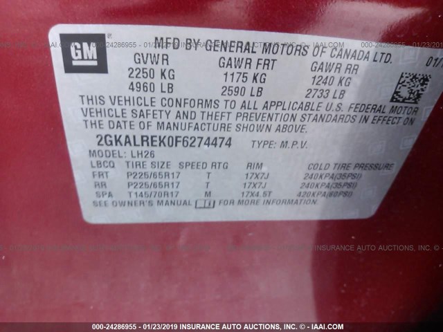 2GKALREK0F6274474 - 2015 GMC TERRAIN SLE RED photo 9