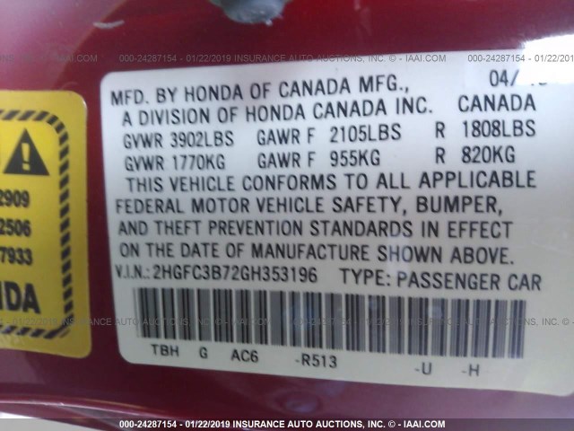 2HGFC3B72GH353196 - 2016 HONDA CIVIC EXL RED photo 8