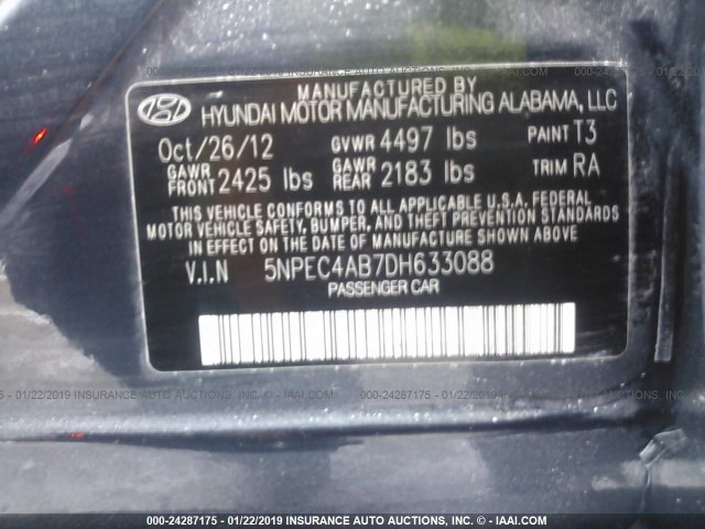 5NPEC4AB7DH633088 - 2013 HYUNDAI SONATA SE/LIMITED Dark Blue photo 9