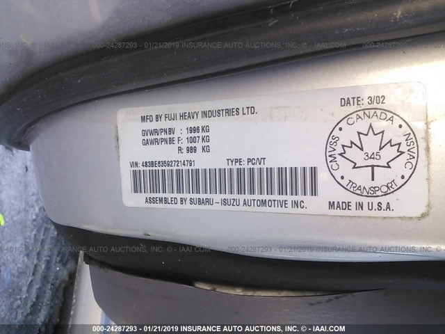 4S3BE635927214791 - 2002 SUBARU LEGACY L SILVER photo 9