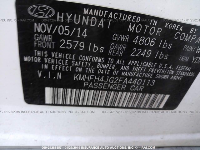 KMHFH4JG2FA440113 - 2015 HYUNDAI AZERA LIMITED WHITE photo 9