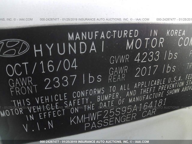 KMHWF25S95A164181 - 2005 HYUNDAI SONATA GL WHITE photo 9