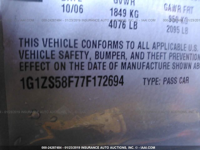 1G1ZS58F77F172694 - 2007 CHEVROLET MALIBU LS GOLD photo 9