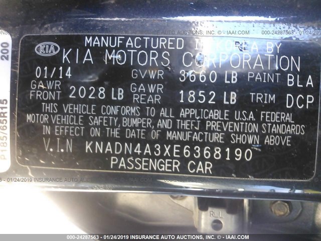 KNADN4A3XE6368190 - 2014 KIA RIO EX GRAY photo 9