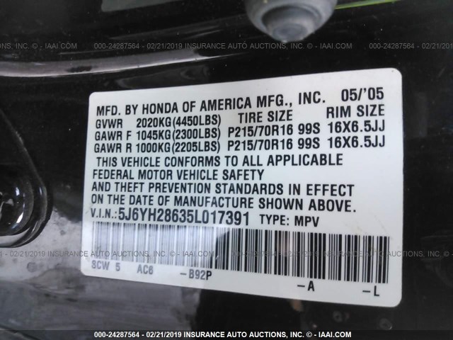 5J6YH28635L017391 - 2005 HONDA ELEMENT EX BLACK photo 9