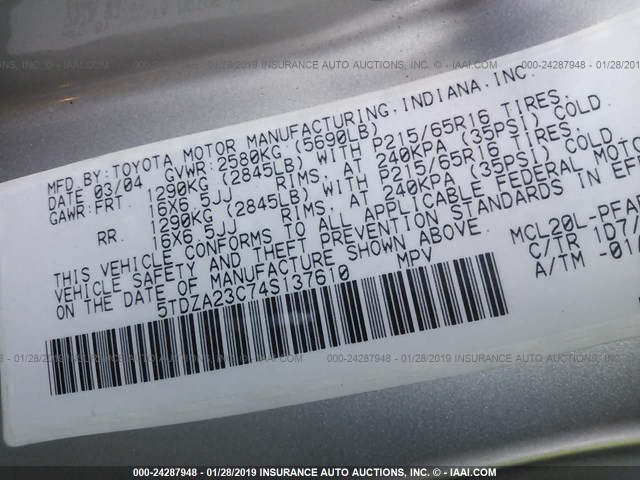 5TDZA23C74S137610 - 2004 TOYOTA SIENNA CE/LE SILVER photo 9