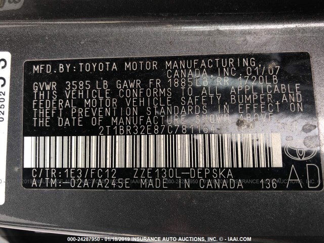 2T1BR32E87C781164 - 2007 TOYOTA COROLLA CE/LE/S GRAY photo 9