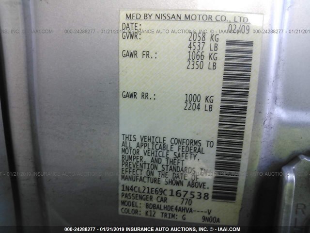 1N4CL21E69C167538 - 2009 NISSAN ALTIMA HYBRID SILVER photo 9