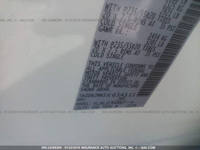 5N1DR2MN5JC654111 - 2018 NISSAN PATHFINDER S/SV/SL/PLATINUM WHITE photo 9