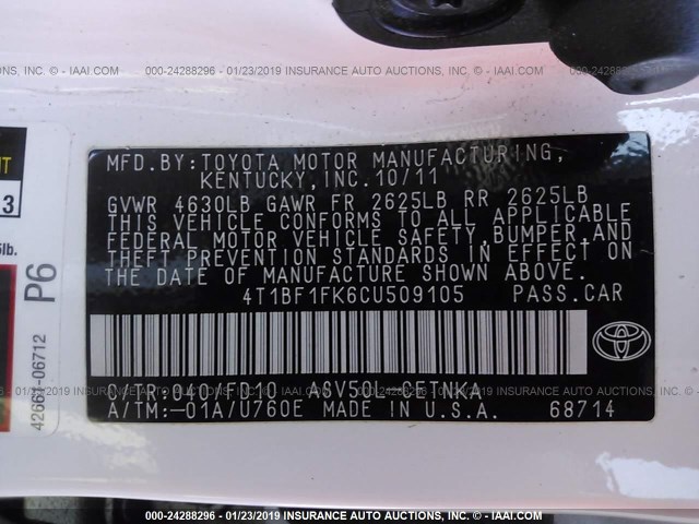 4T1BF1FK6CU509105 - 2012 TOYOTA CAMRY SE/LE/XLE 白色 照片 9