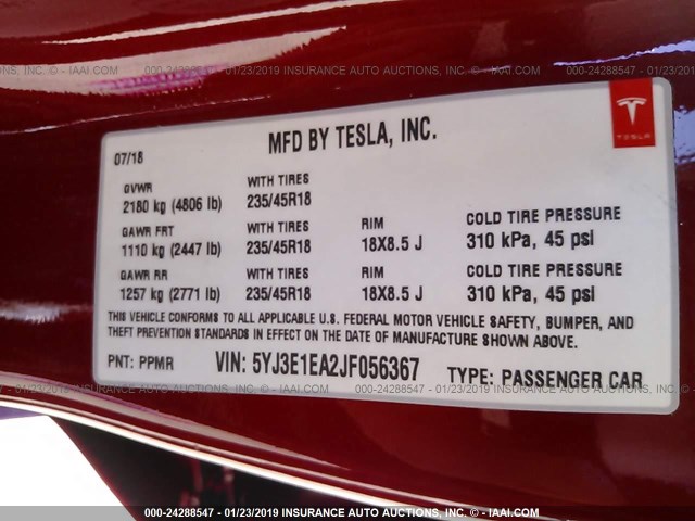 5YJ3E1EA2JF056367 - 2018 TESLA MODEL 3 RED photo 9