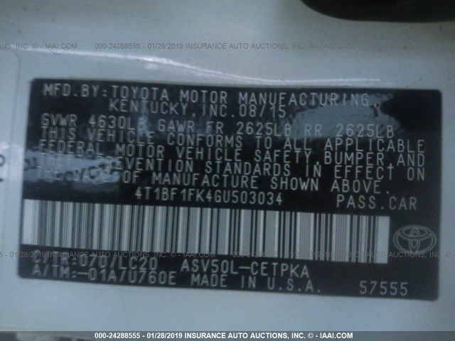 4T1BF1FK4GU503034 - 2016 TOYOTA CAMRY LE/XLE/SE/XSE WHITE photo 9