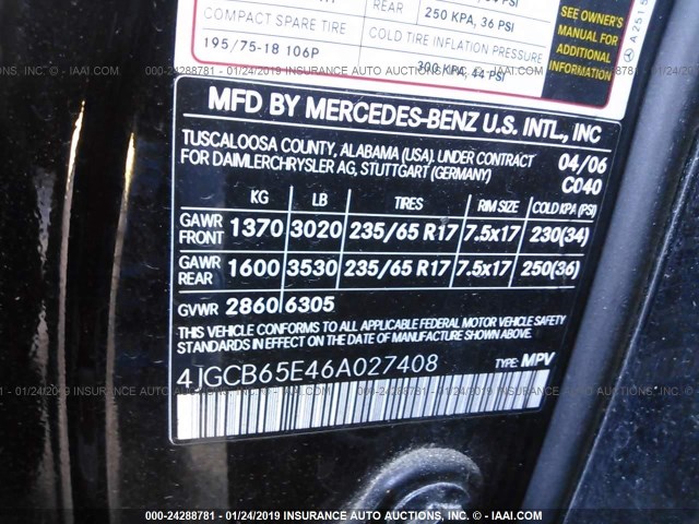 4JGCB65E46A027408 - 2006 MERCEDES-BENZ R 350 BLACK photo 9